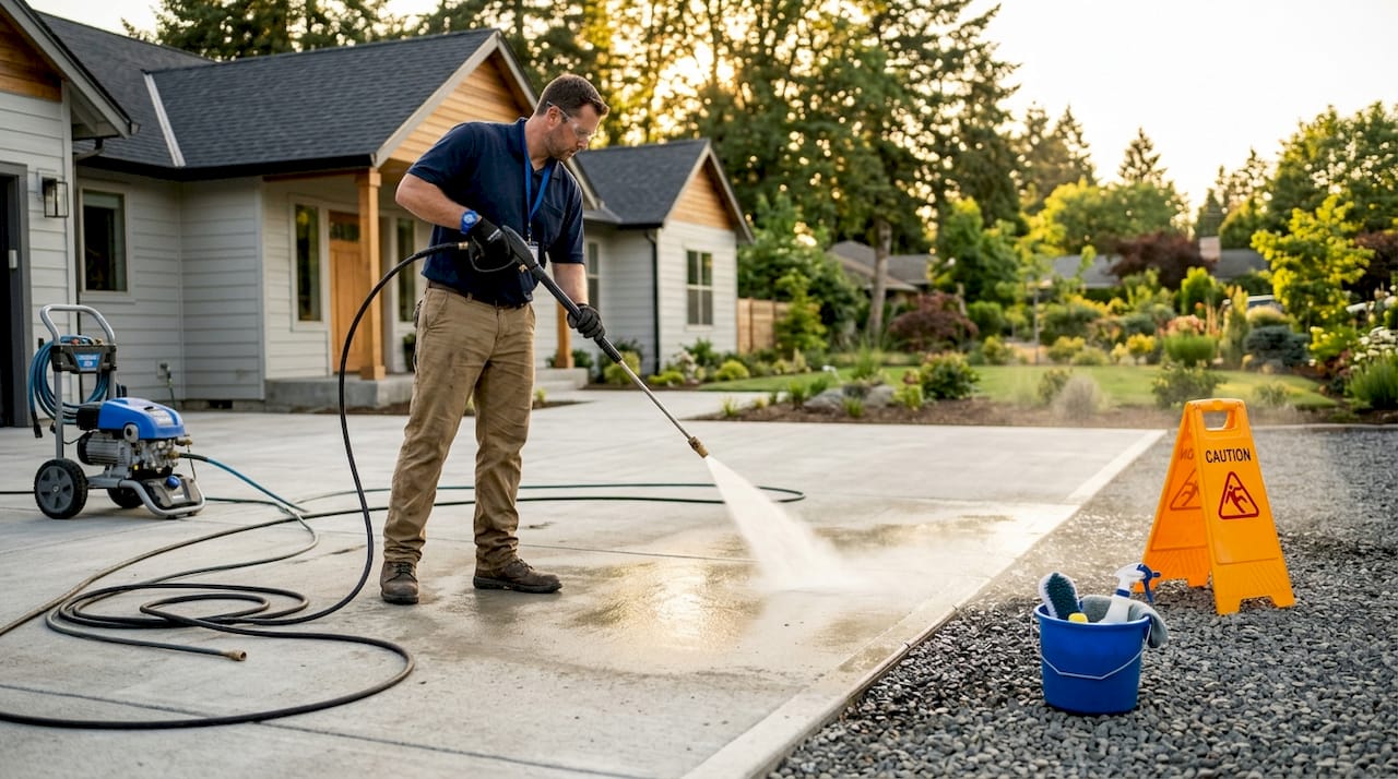 Close-up of gentle power washing on fresh concrete