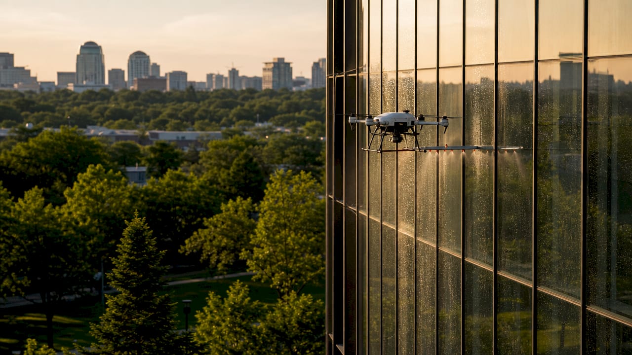 Drone cleaning office building windows