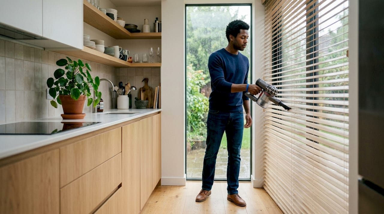 Young man vacuuming horizontal blinds