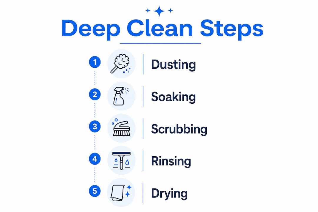 Infographic outlining five steps to deep clean window blinds