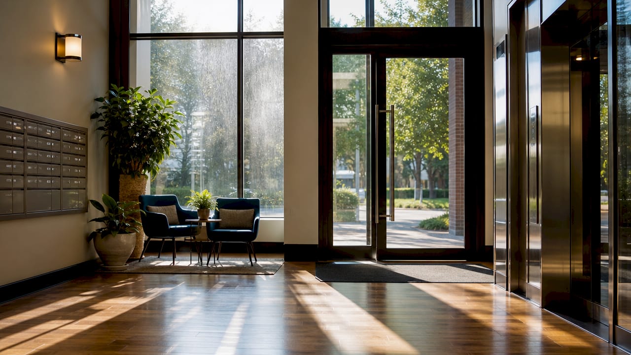 Residential lobby with multiple glass surfaces
