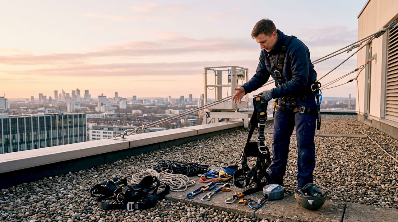 Technician inspecting rope access safety equipment