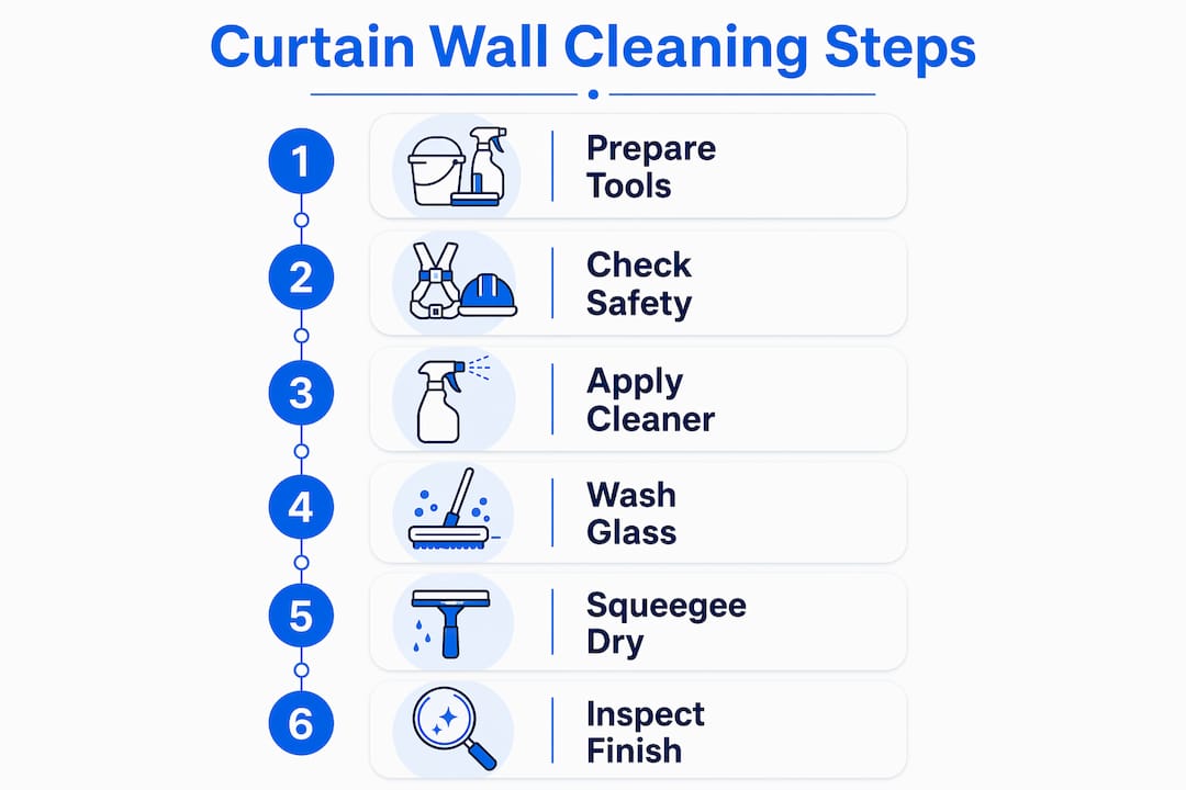 Infographic showing curtain wall cleaning step-by-step process
