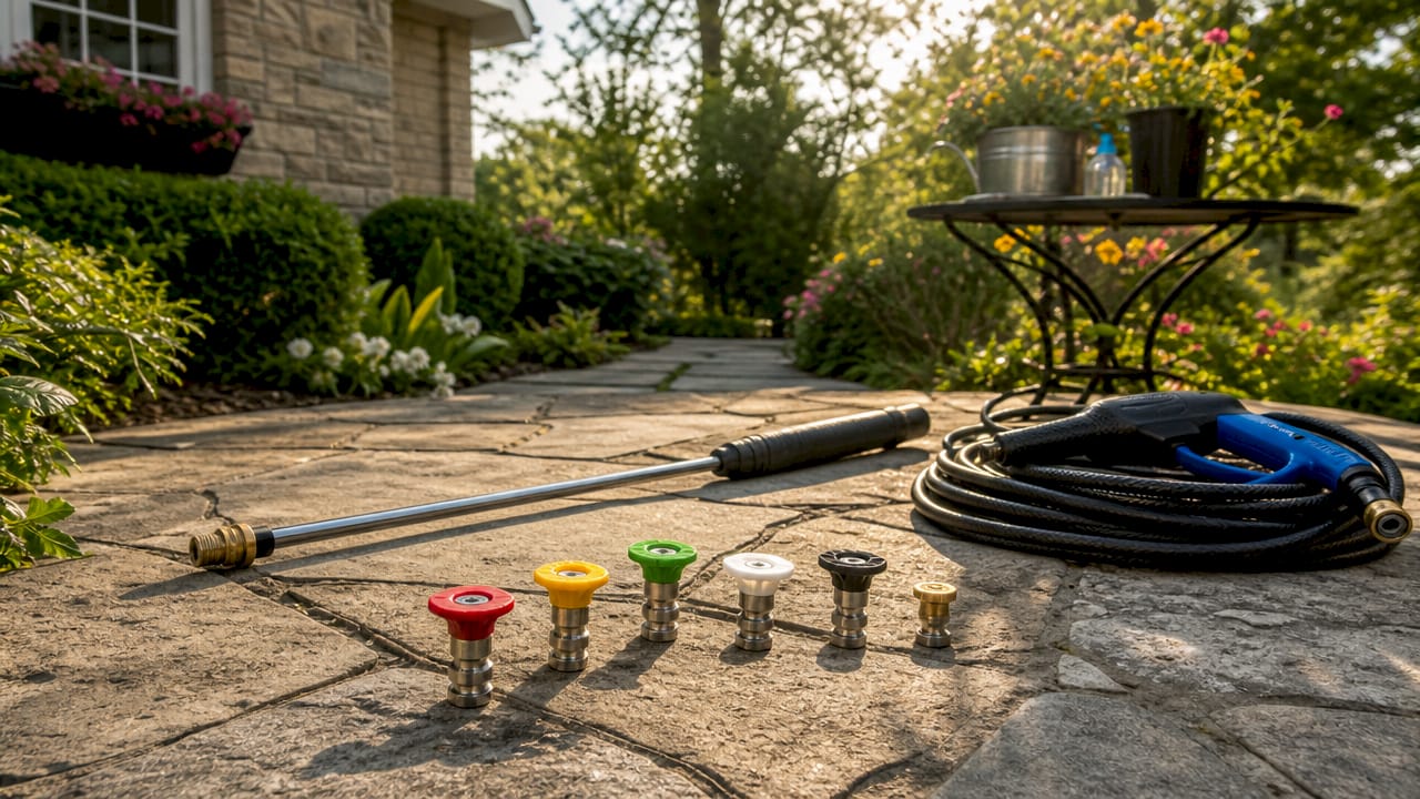 Close-up of pressure washer nozzles on workbench