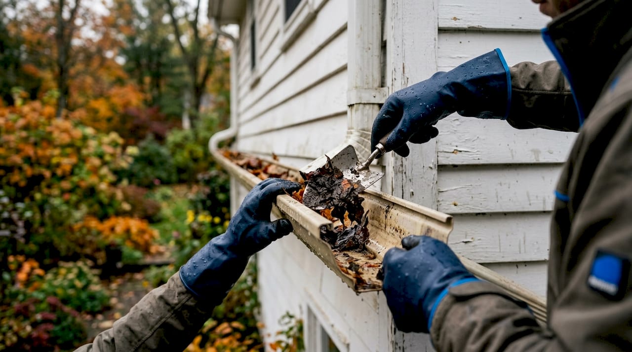 Hands cleaning wet debris from gutter