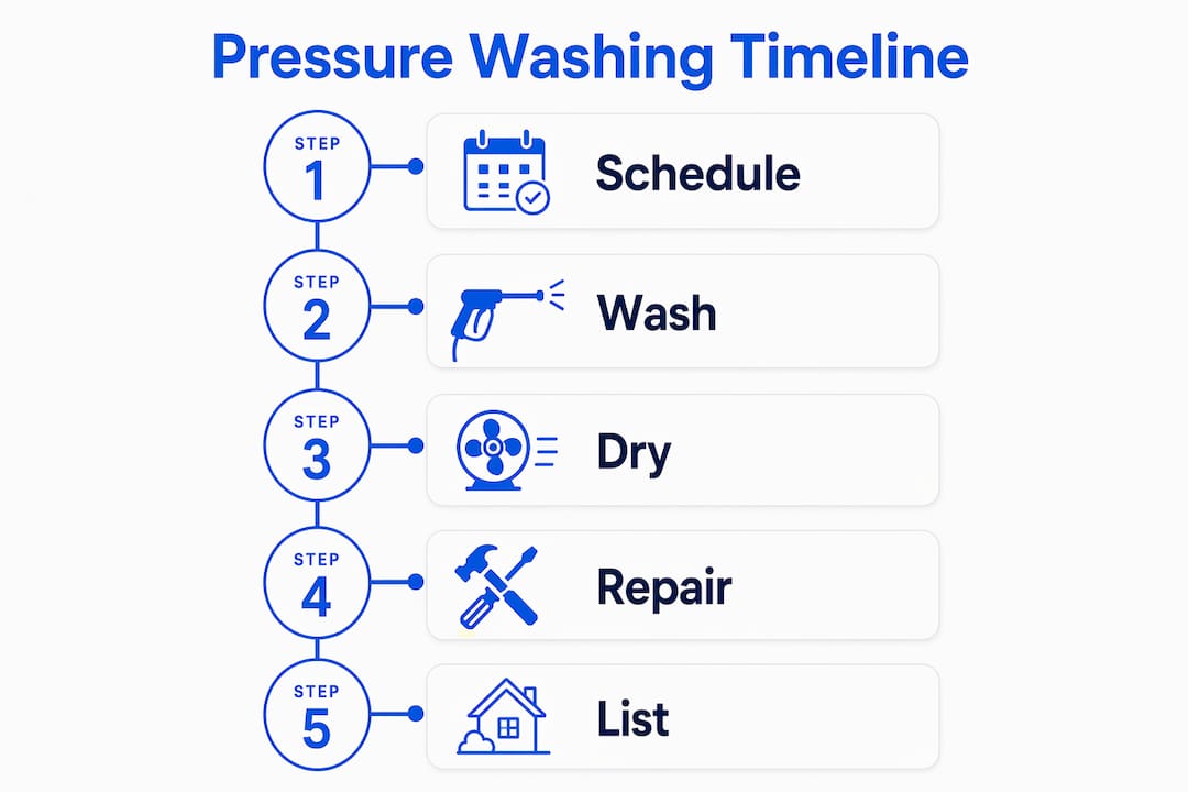 Infographic showing pressure washing schedule steps before listing