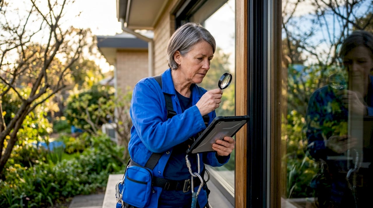 Window cleaner inspecting residential window condition