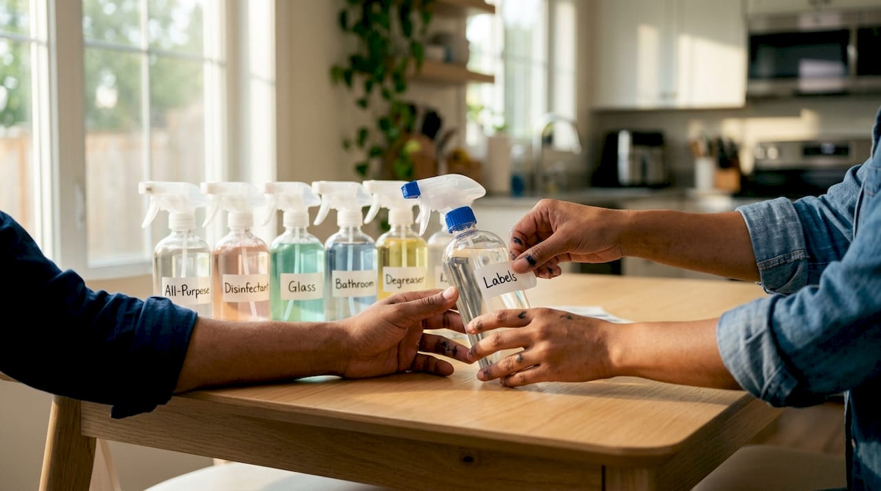 Hands labeling household cleaning bottles
