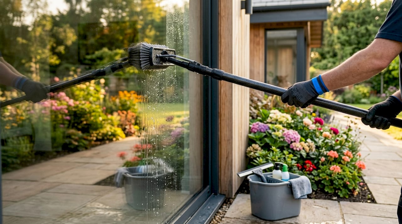 Close-up of window cleaning with purified water pole