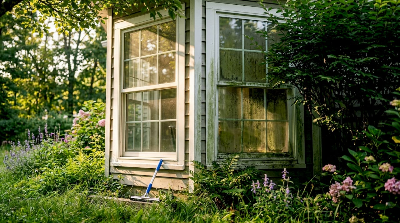 Comparison of sunlit and shaded windows showing grime difference