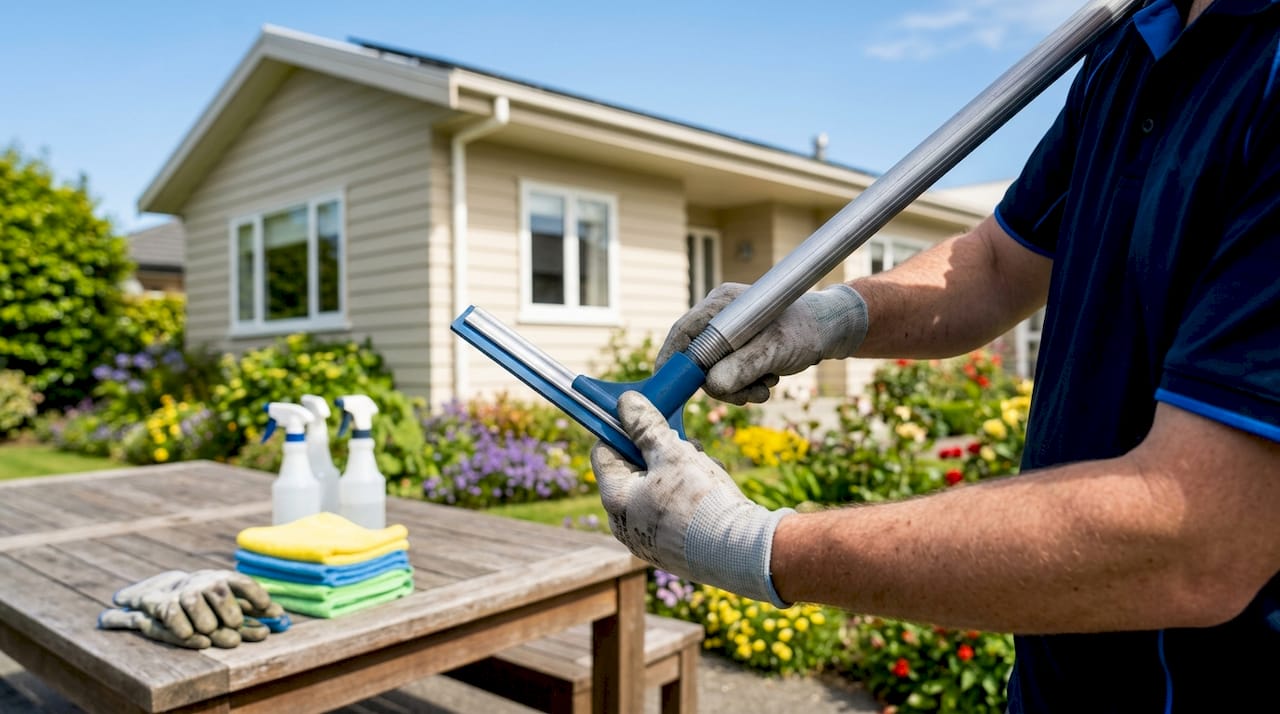 Hands attaching squeegee head to extension pole