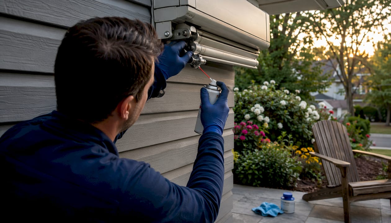 Technician lubricating retractable awning mechanism