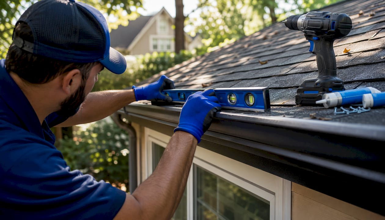 Hands checking gutter slope with a level tool