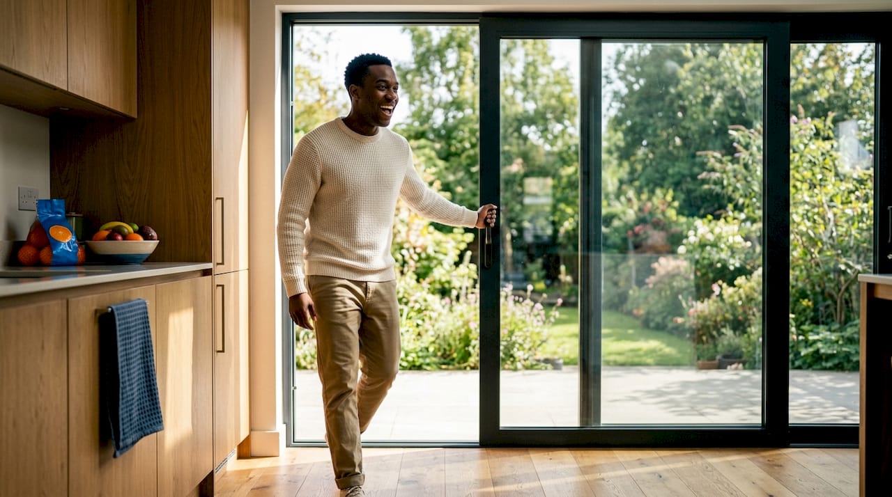 Man revealing sunlight through clean window indoors