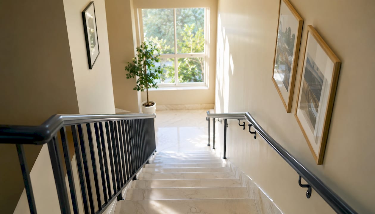 Bright, clean commercial stairwell, no people