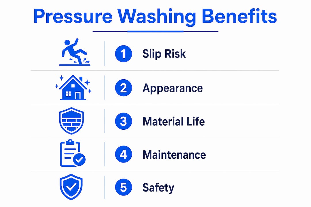Infographic illustrating key benefits of pressure washing stairwells
