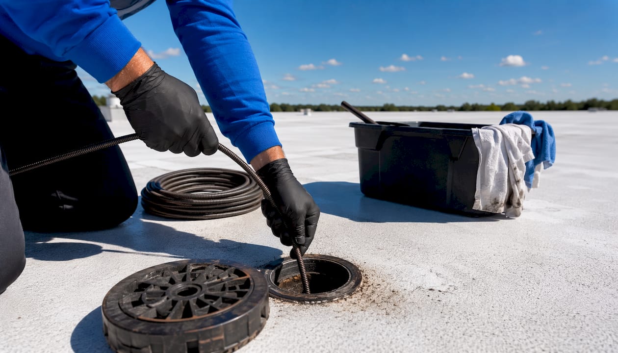 Hands using plumber's snake to unclog drain