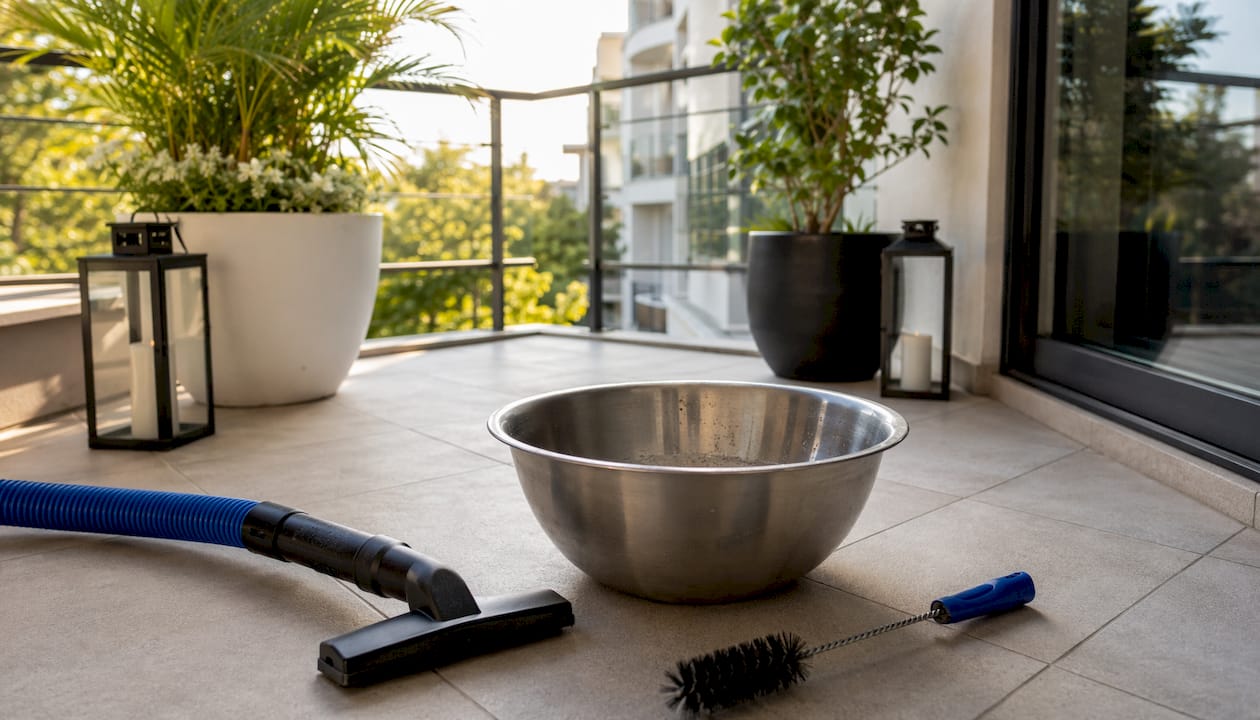 Close-up of drain bowl with cleaning tools