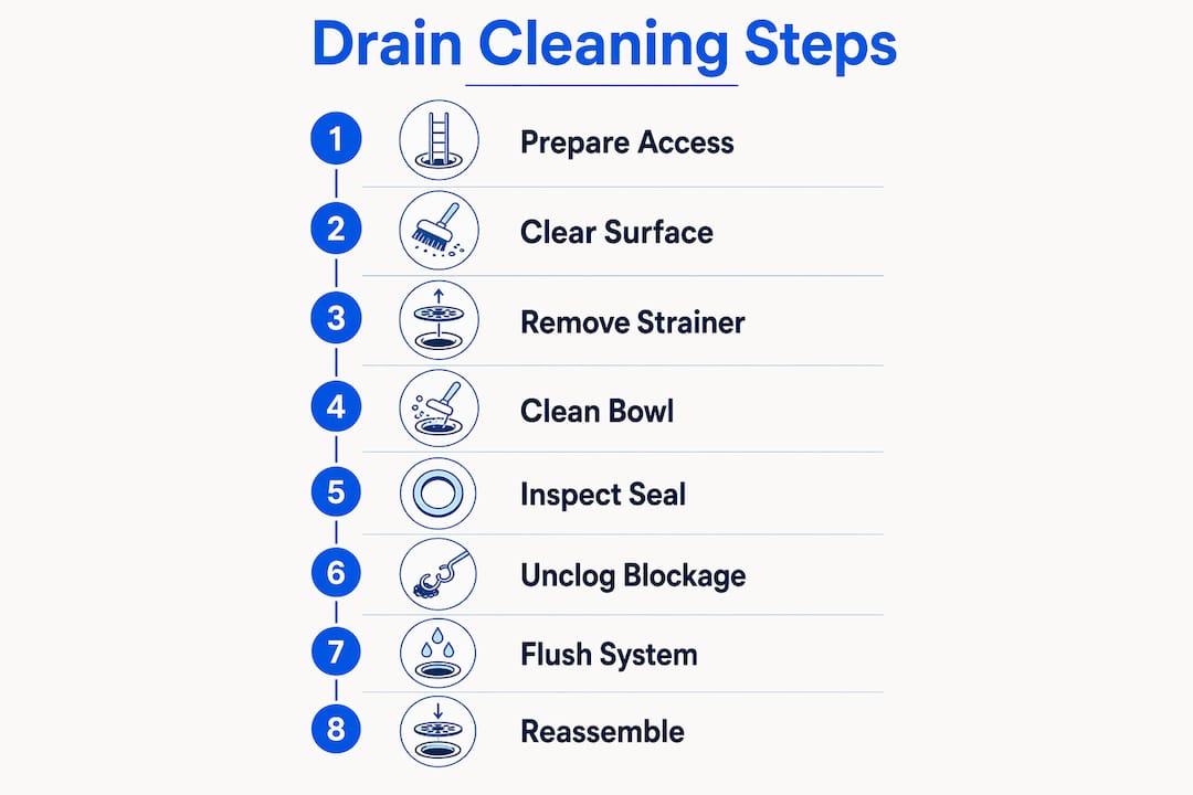 Infographic showing steps to clean commercial roof drains