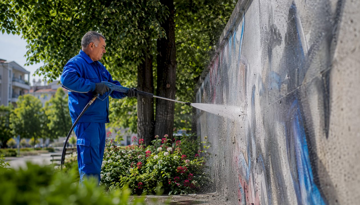 Worker pressure washing metal fence graffiti