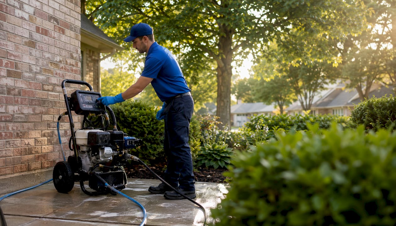 Gloved hand adjusting pressure washer controls