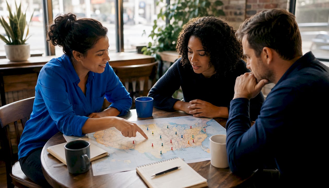 Team discussing service area map in office