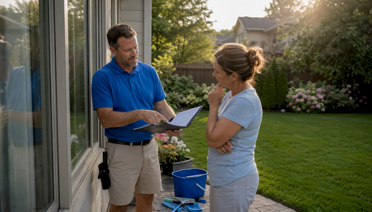Window cleaner explaining insurance documents to homeowner
