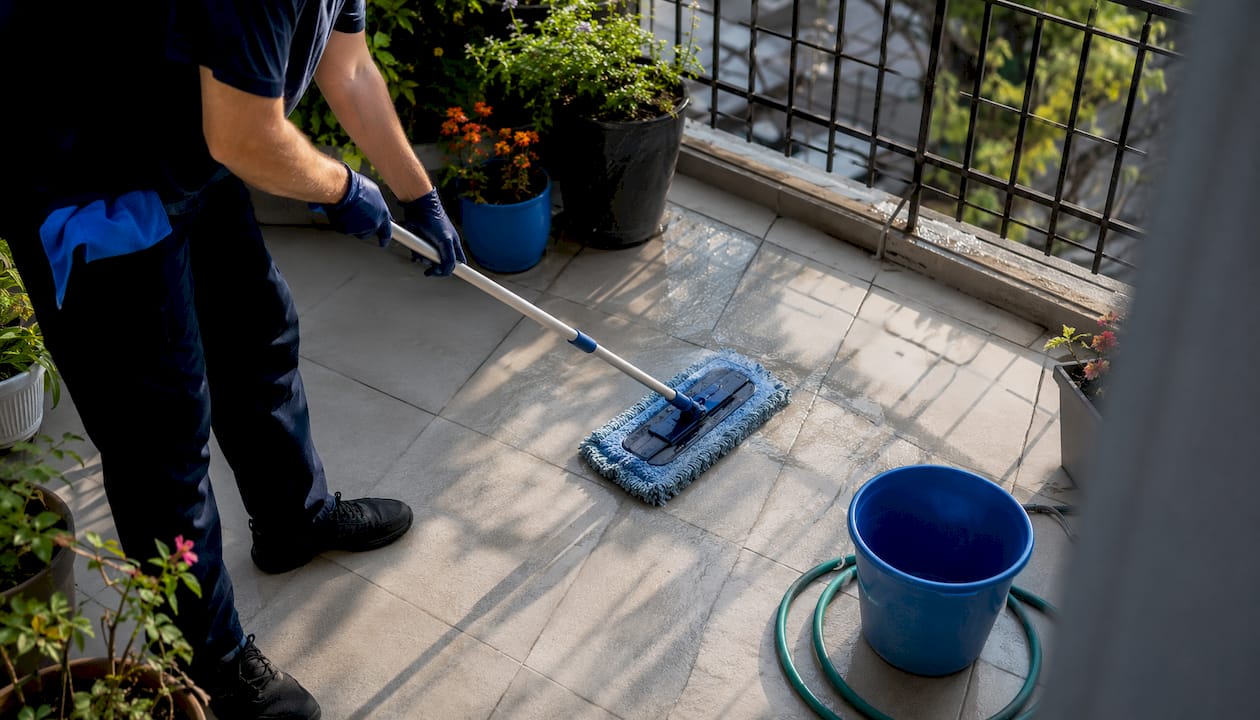 Hands mopping tiled balcony floor near railing