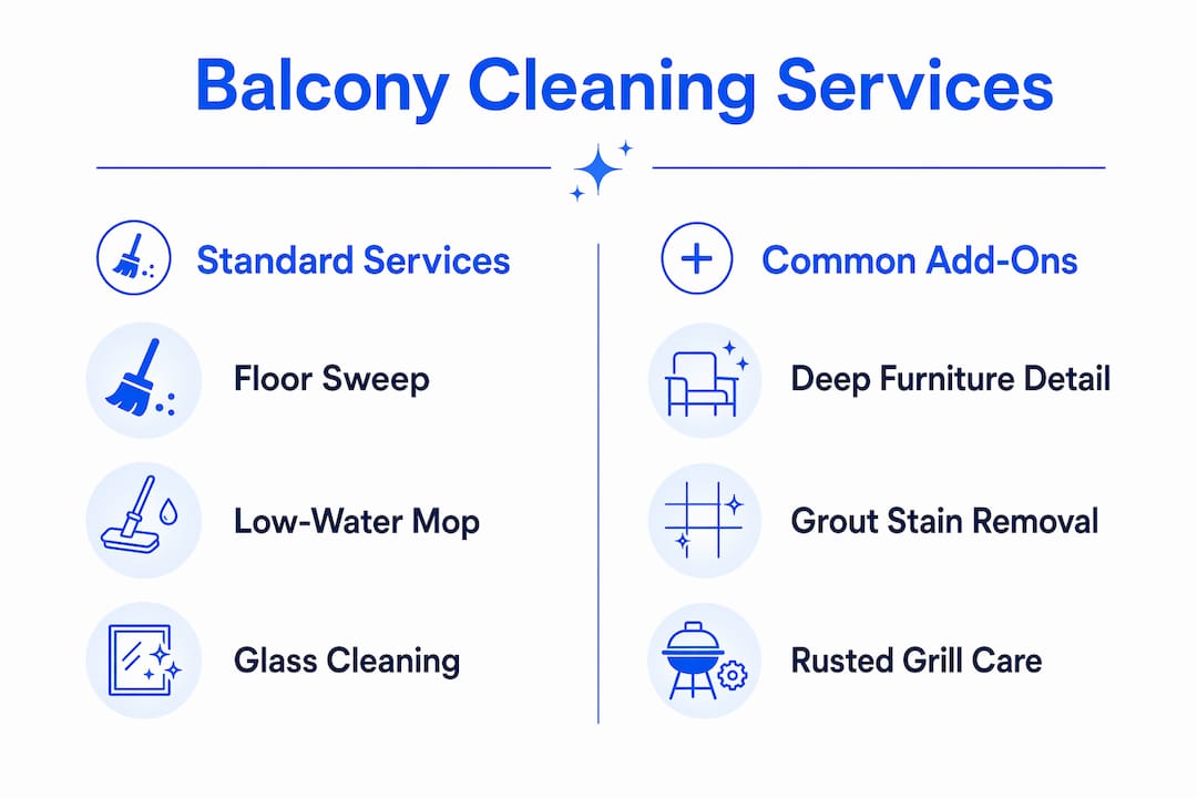 Infographic showing balcony cleaning service standard items and add-ons