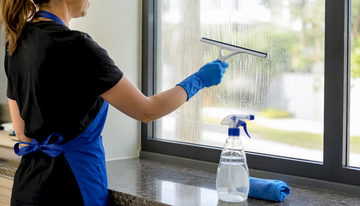Hands using squeegee on window indoors
