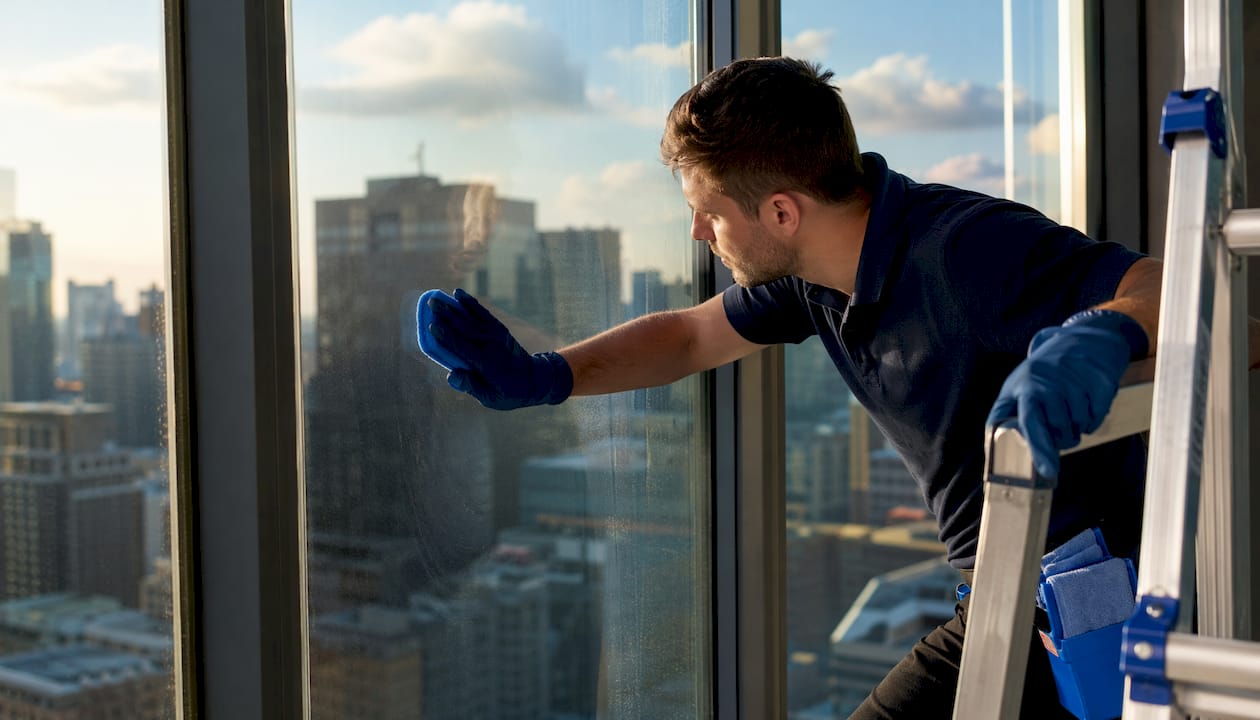 Technician applying nano coating to window
