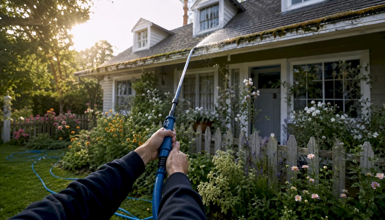 Hands operating gutter cleaning wand with hose