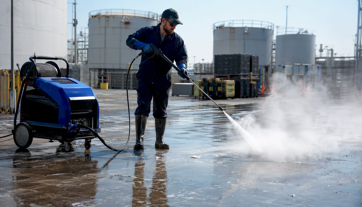 Hot-water pressure washing oily concrete surface