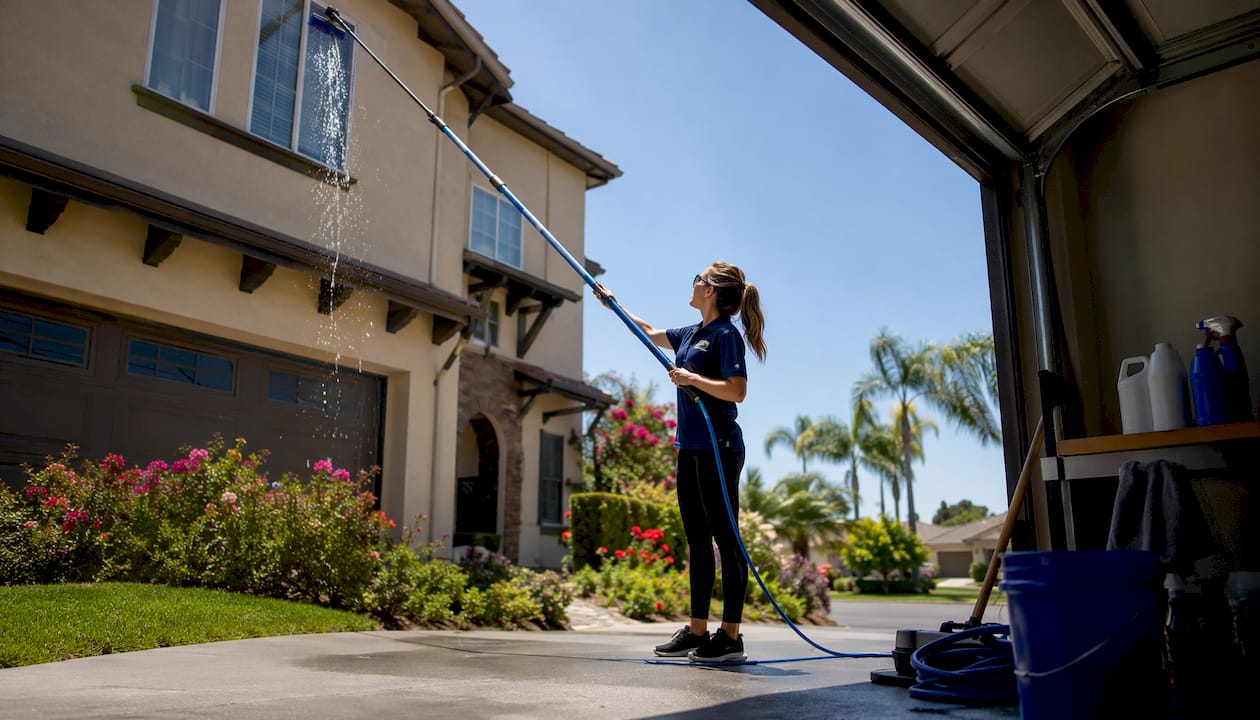 Window cleaner uses water-fed pole on townhouse window