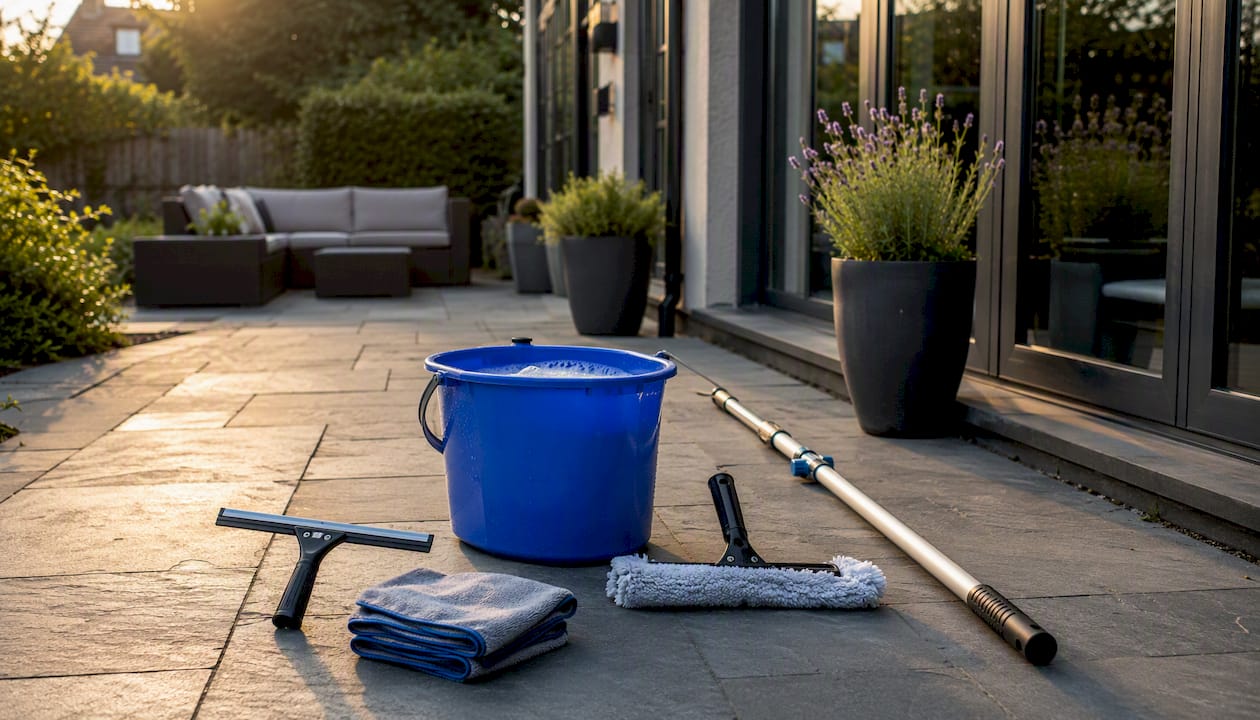 Window cleaning tools arranged on wooden deck near window