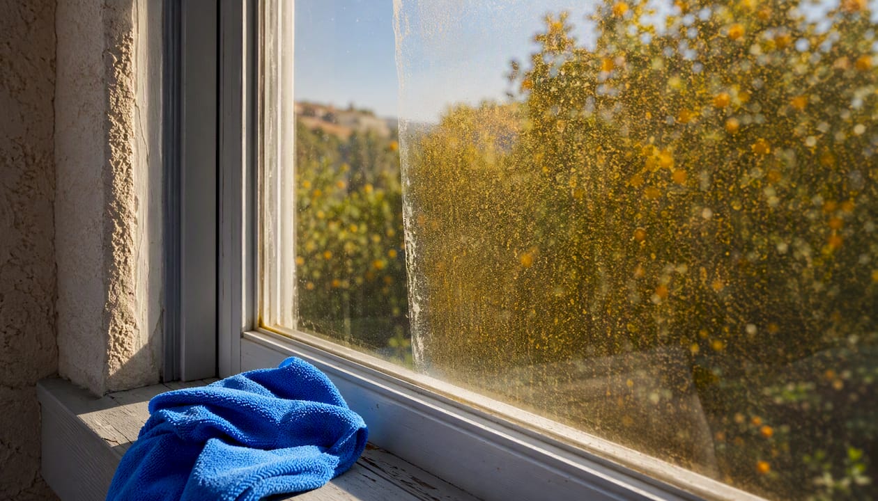 Close-up of pollen coated residential window