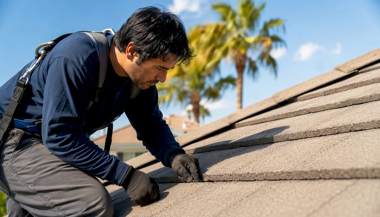 Cleaner inspecting roof seam damage