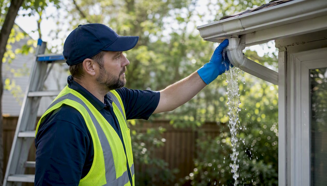 Close-up of downspout water flow testing