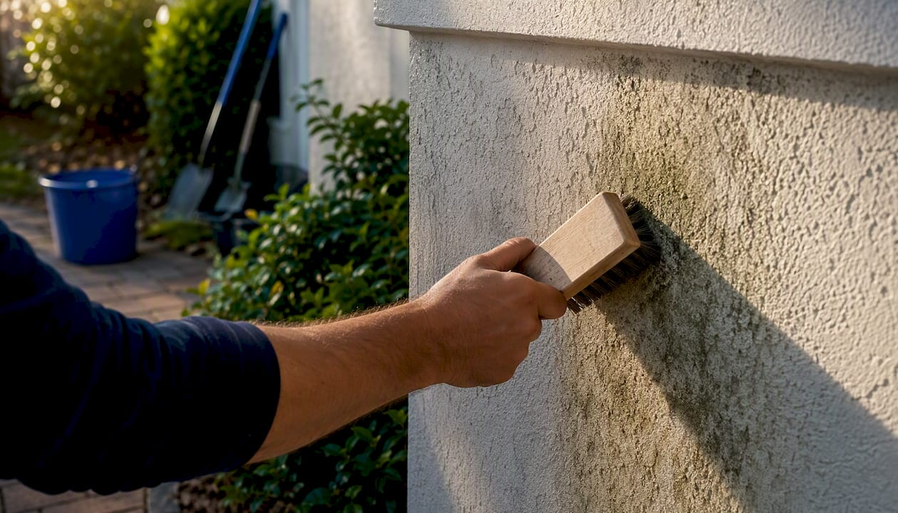 Hand scrubbing mildew on stucco with brush