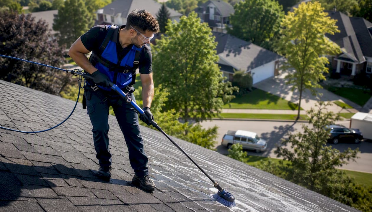 Roof cleaner using safety equipment on residential roof
