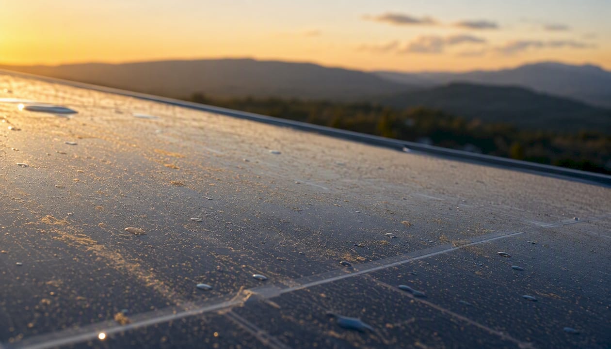 Close-up of dusty solar panel glass surface