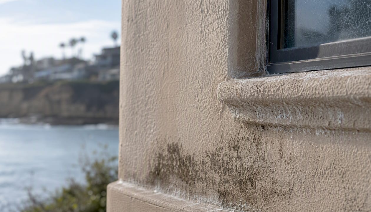 Salt residue on coastal stucco wall