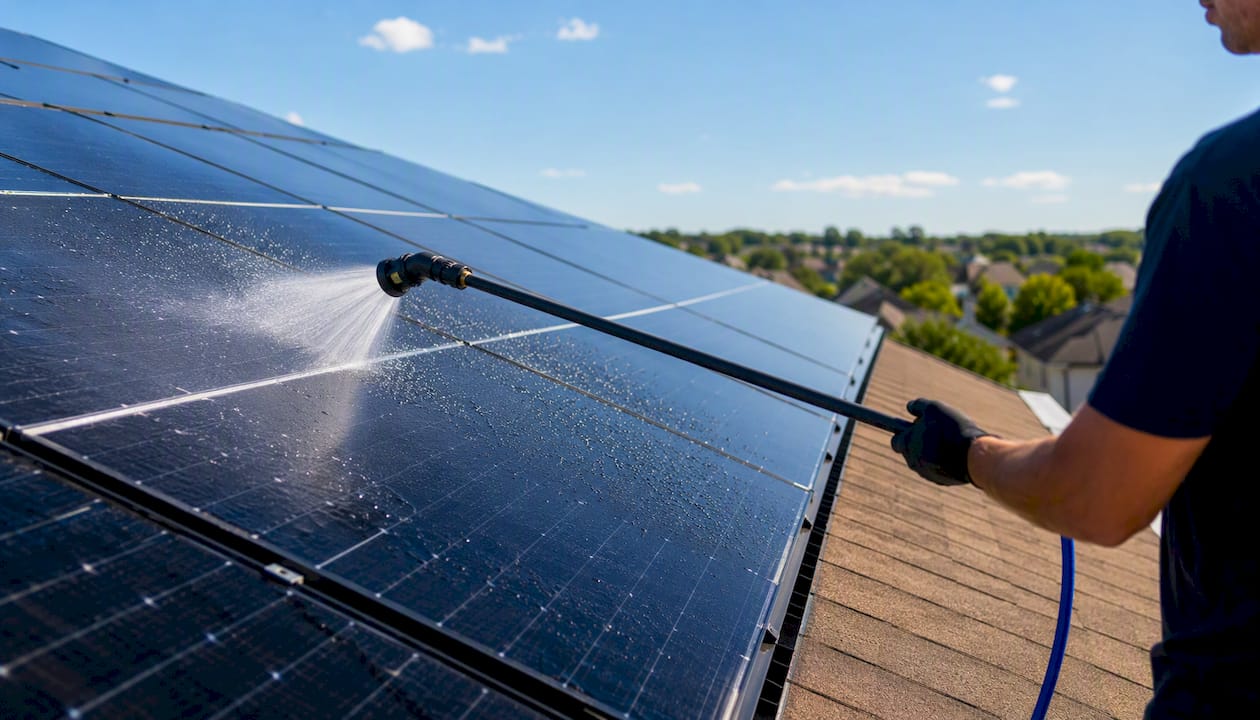 Deionized water rinsing solar panels