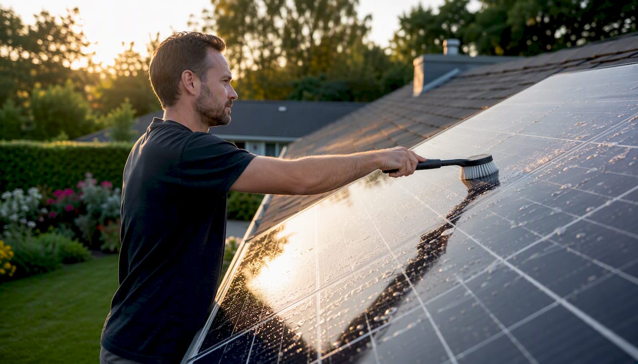Homeowner cleaning solar panel with soft brush and hose