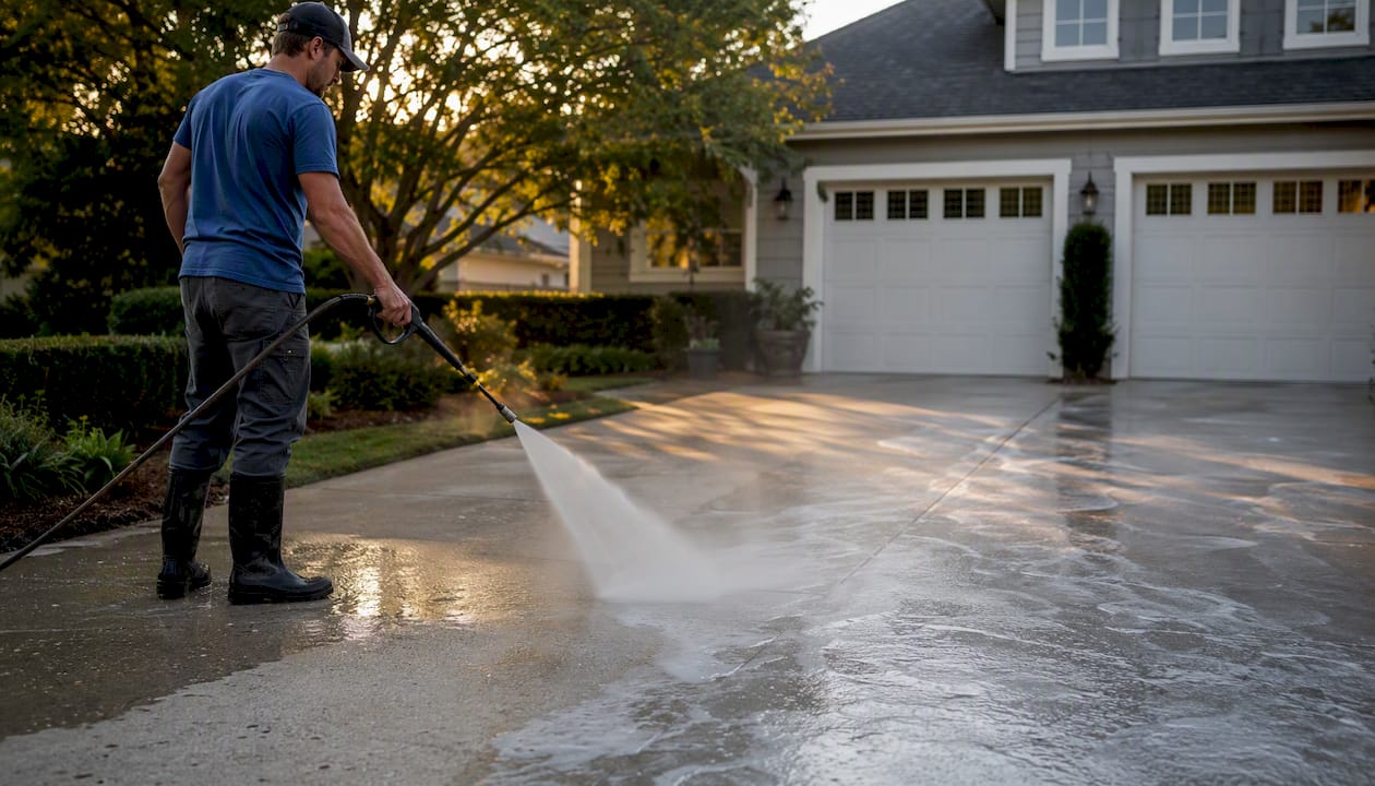 Close-up of pressure washing concrete driveway
