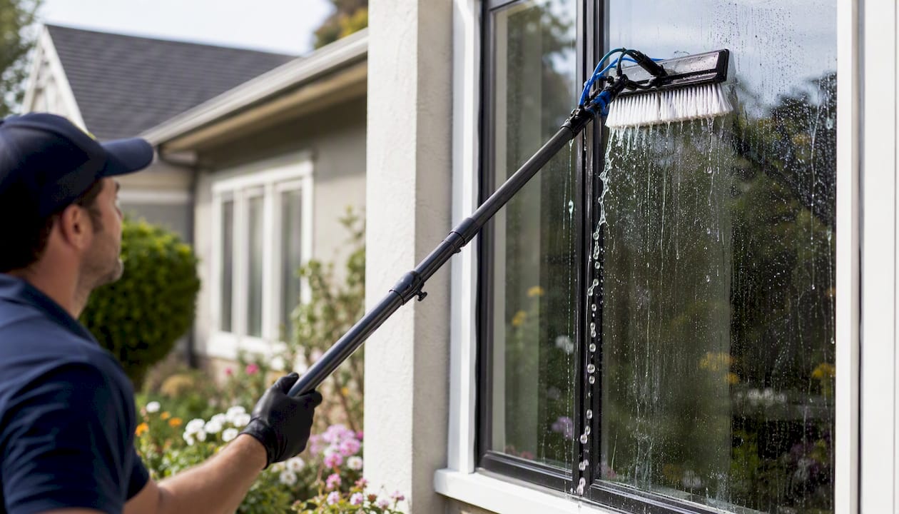 Close-up of water-fed pole cleaning window pane
