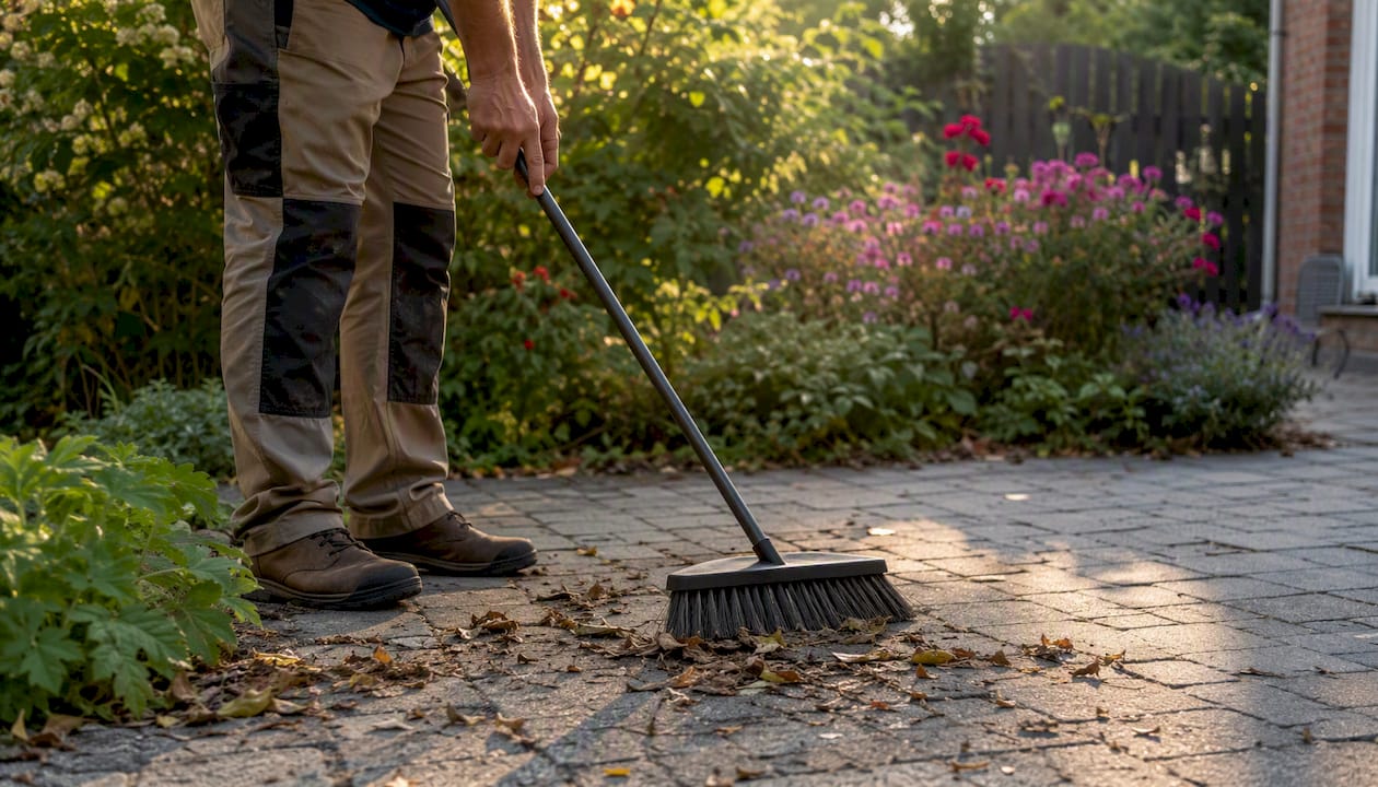 Hands sweeping debris off paver patio