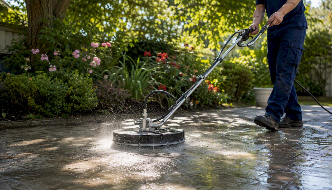 Rotating surface cleaner cleaning paver patio