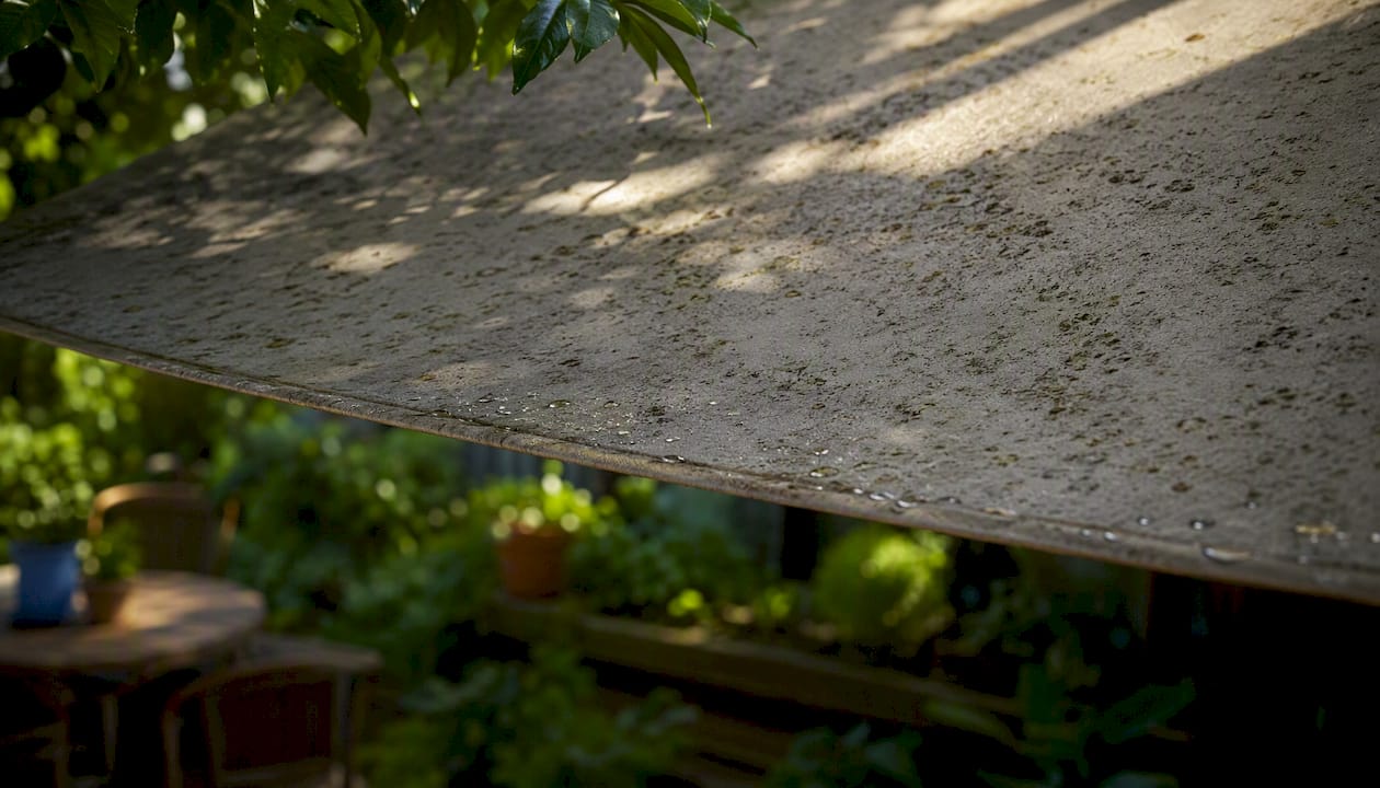 Close-up of mildew and debris on damp awning
