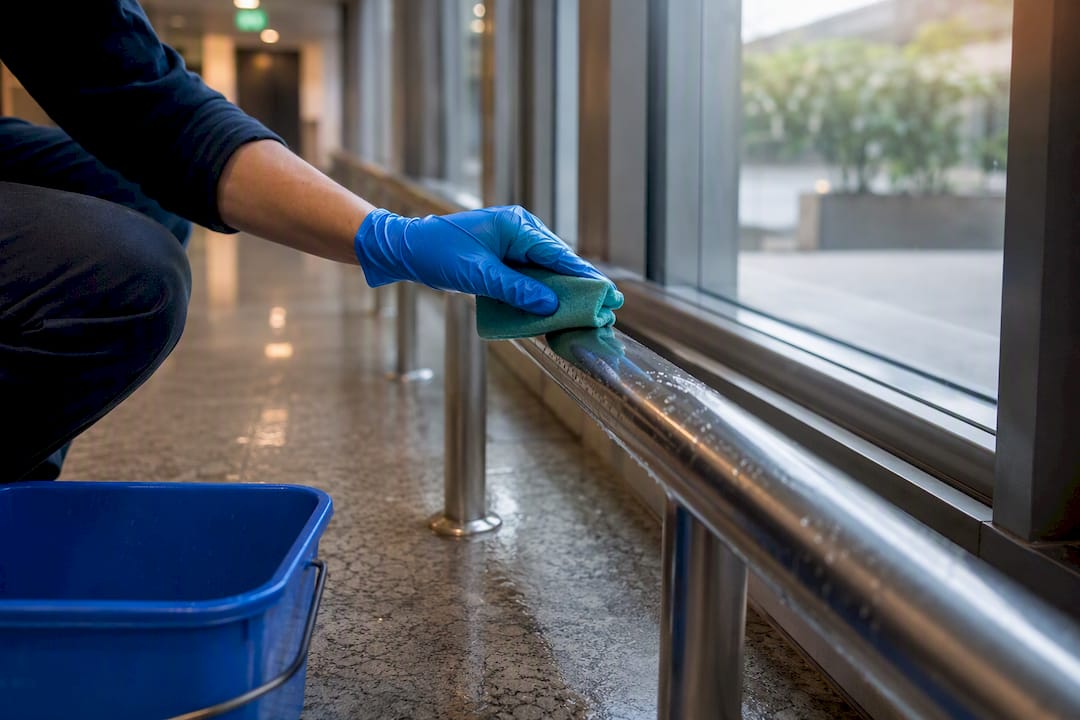 Gloved hand wiping stainless steel handrail